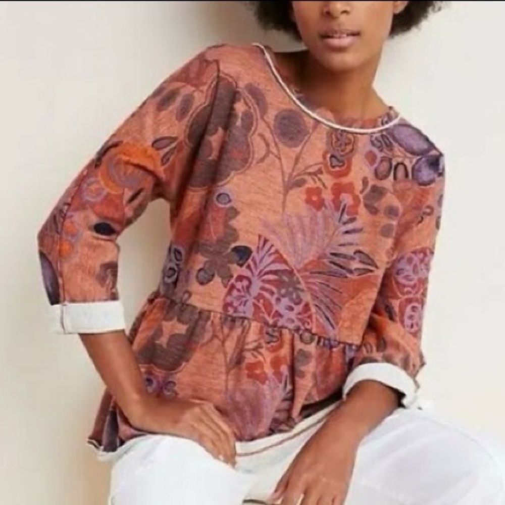 Anthropologie Rust Floral Peplum Sweatshirt